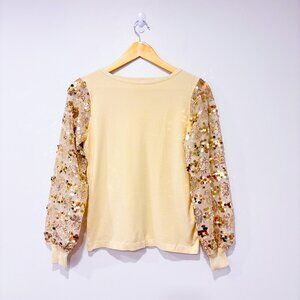SIONI Beige Knit Sweater with Sequin Sleeves Soft Glam Top | Small‎